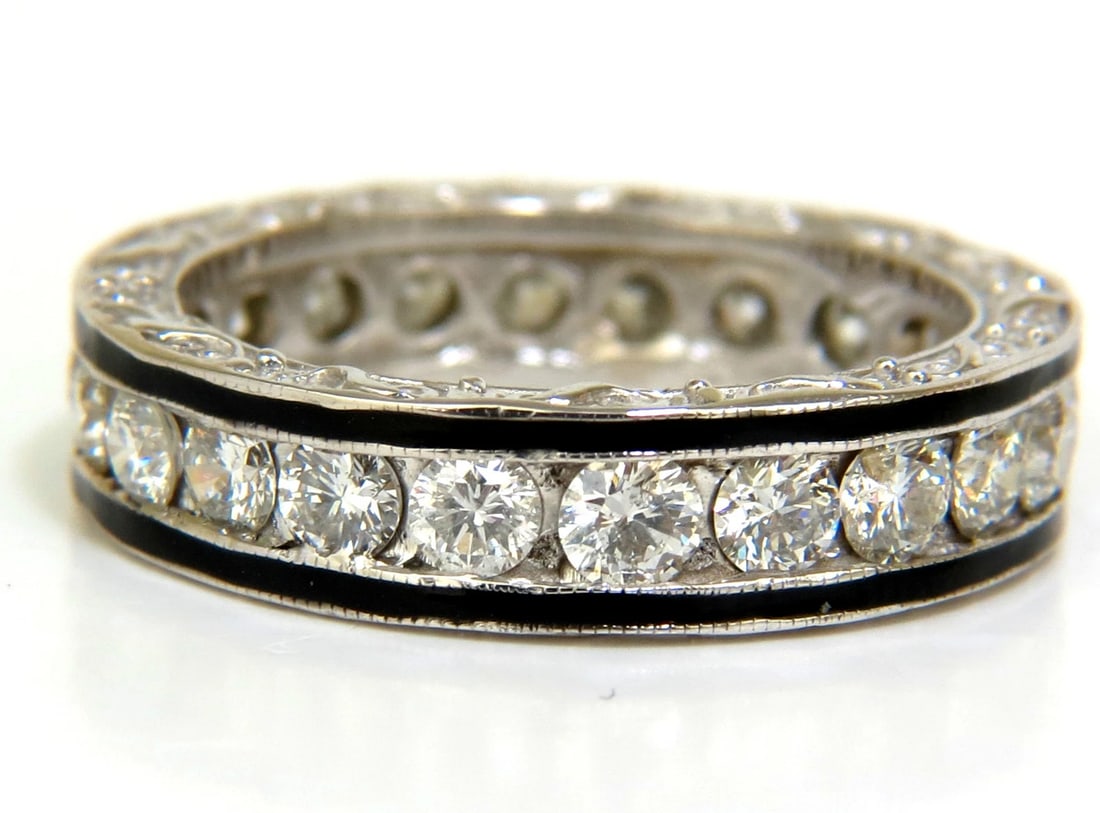 2.26CT DIAMONDS ETERNITY BAND 14KT & BLACK ENAMEL 14KT+: Title: 2.26CT DIAMONDS ETERNITY BAND 14KT & BLACK ENAMEL 14KT+ Description: ONLY MAGNIFICENT JEWELS Modern Deco + Vintage Deco touch Ring is set with rounds diamonds & black enamel on outer, seems lik