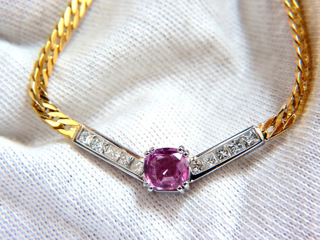 GIA 2.52ct NATURAL NO HEAT PINK SAPPHIRE DIAMONDS "V" NECKLACE 14KT **: Title: GIA 2.52ct NATURAL NO HEAT PINK SAPPHIRE DIAMONDS "V" NECKLACE 14KT ** Description: No Heat, True Pink Cushion sapphire "V" Necklace 1.52ct. GIA Certified Report: 1152217761 Natural, No Enhance
