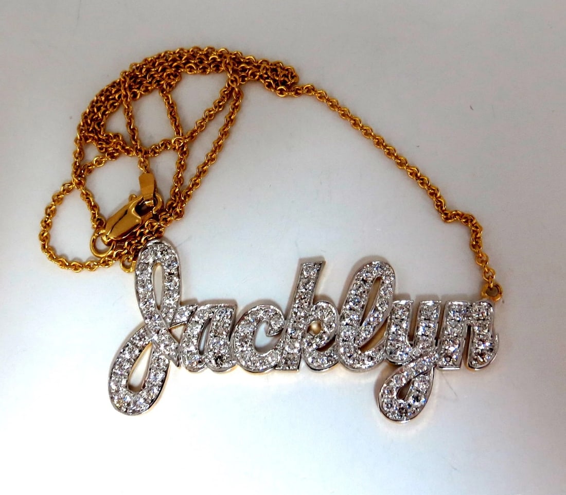 1.50ct natural diamonds Jacklyn Name plate necklace 14 Karat**: Title: 1.50ct natural diamonds Jacklyn Name plate necklace 14 Karat** Description: 1.50ct. Natural diamonds "Jacklyn" Nameplate Necklace. Round shaped full cut brilliant diamonds Bead set, french Pave