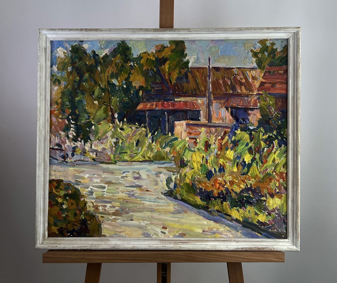 Oil painting Shadows in the greenhouse Peter Dobrev: Title: Oil painting Shadows in the greenhouse Peter Dobrev Description: NoAAA5160 The oil painting on Canvas titled "Shadows in the Greenhouse" captures a radiant, sun-drenched garden moment rendered