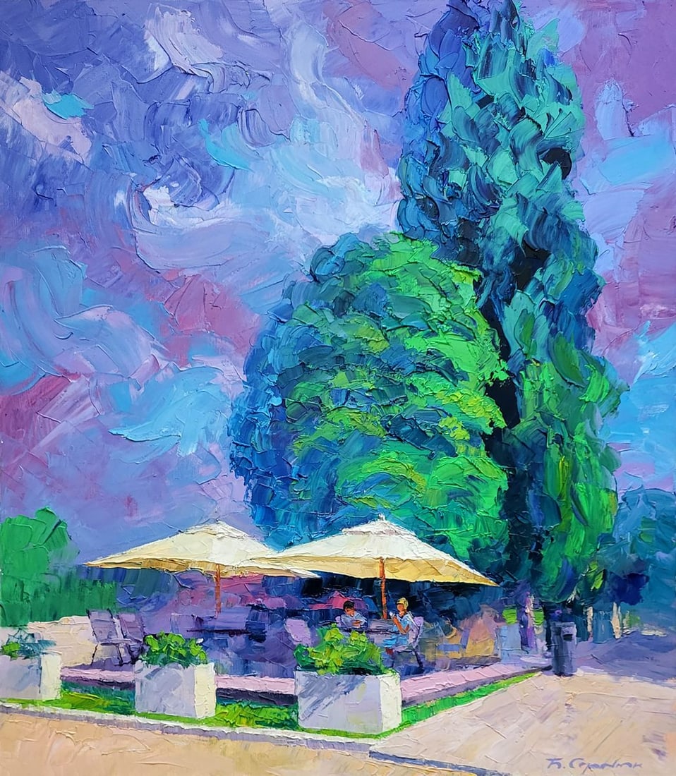Oil painting Summer cafe Boris Serdyuk: Title: Oil painting Summer cafe Boris Serdyuk Description: NoSERB 1099 The painting titled "Summer Cafe" vividly captures a serene and inviting outdoor scene, where a small cafe is nestled under the s