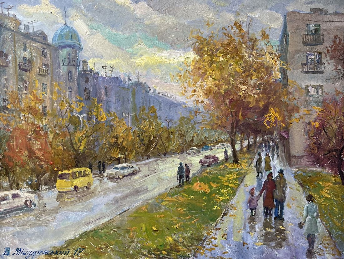 Oil painting Autumn in the city V. Mishurovsky: Title: Oil painting Autumn in the city V. Mishurovsky Description: No273 "Autumn in the City" by Viktor Myshurovsky captures the essence of a typical autumn day in an urban setting, where the vibrant