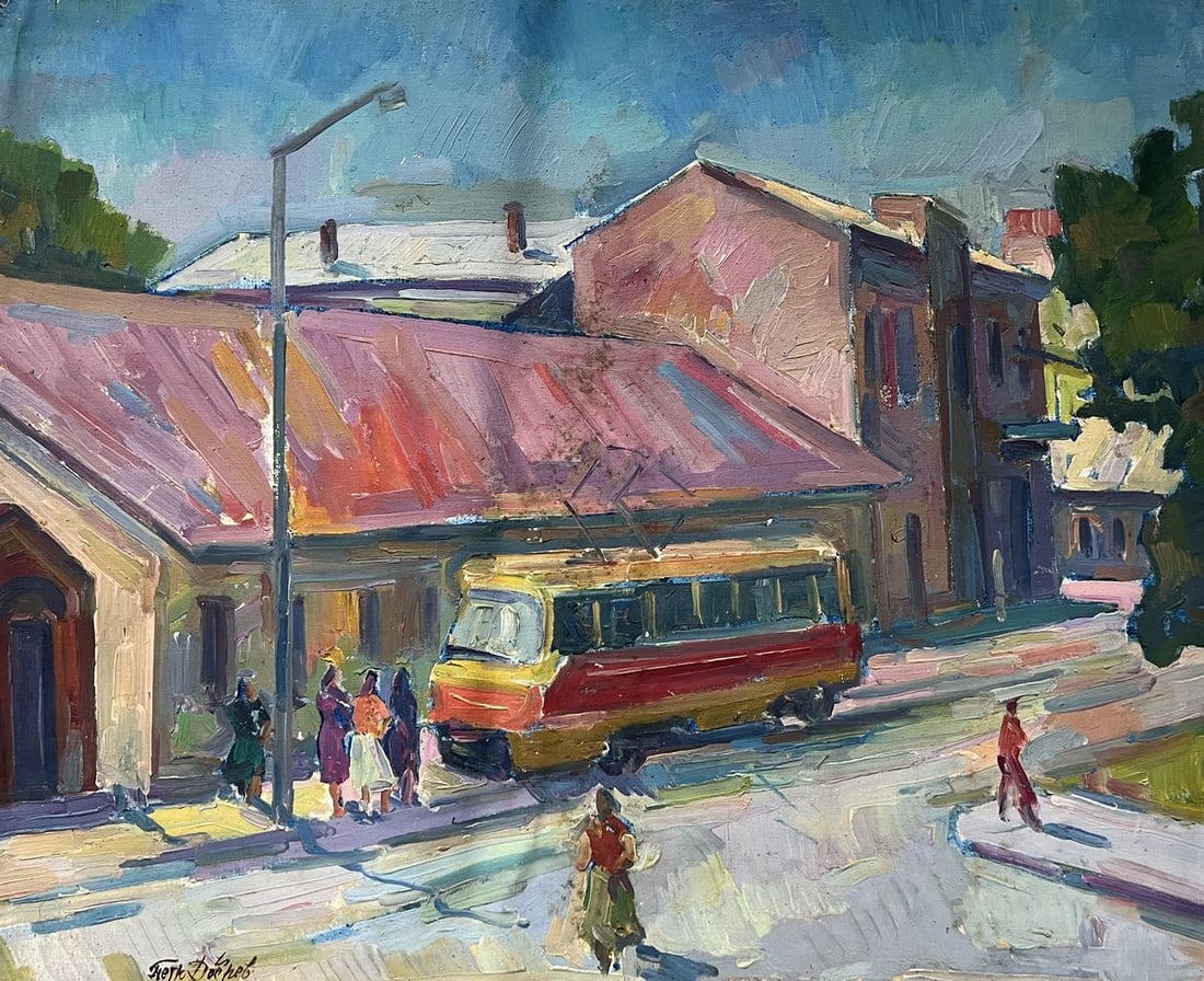 Oil painting bus stop Peter Tovpev: Title: Oil painting bus stop Peter Tovpev Description: NoDobr 803 *** ABOUT THIS PAINTING *** * TITLE: "bus stop" * ARTISTS: Peter Tovpev * SIZE: 55x70 cm/'21.65x27.55 inches' * MEDIUM: oil, canvas *