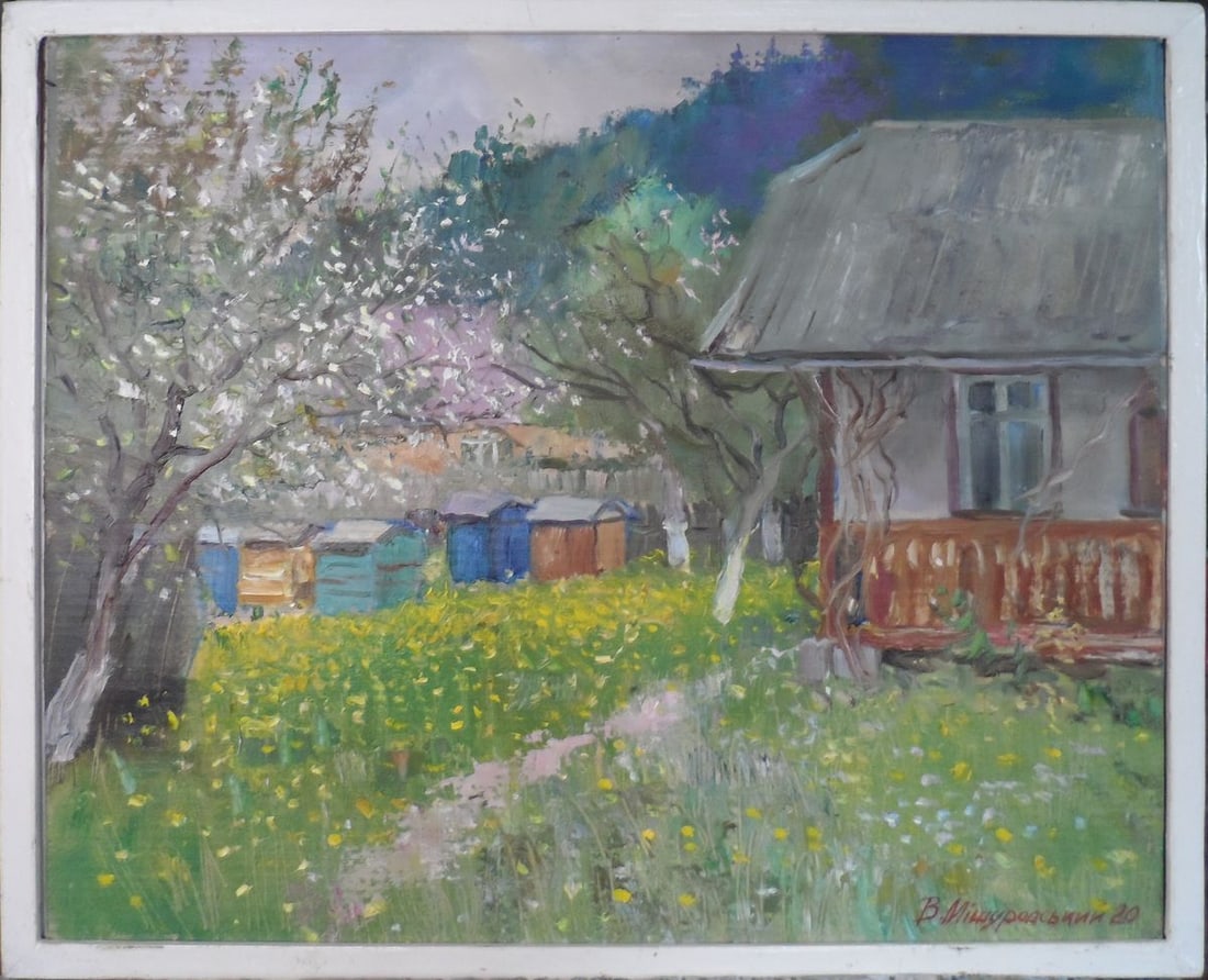 Oil painting Spring. beehives Mishurovsky V. V.: Title: Oil painting Spring. beehives Mishurovsky V. V. Description: No93 *** ABOUT THIS PAINTING *** * TITLE: "Spring. beehives" * ARTISTS: Mishurovsky V. V. * SIZE: 43x51 cm / 16,92x20,07 inches * ME