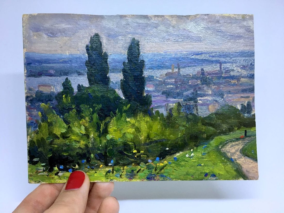 Oil painting View of the Pechersky Park Popov I. A.: Title: Oil painting View of the Pechersky Park Popov I. A. Description: NoVerns 947 *** ABOUT THIS PAINTING *** * TITLE: "View of the Pechersky Park" * ARTISTS: Popov I. A. * SIZE: 15x11 cm/'5.90x4.33