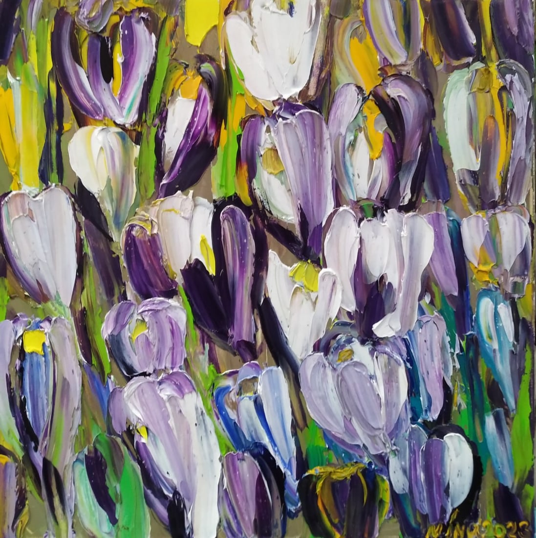 Oil painting Crocuses Nina L: Title: Oil painting Crocuses Nina L Description: 74Lt Painter: Nina L. Size: 60x60 cm/ 23.62x23.62 inches Components: oil, canvas Original painting CONDITION: exellent ERA: 2023 ARTIST: She was born