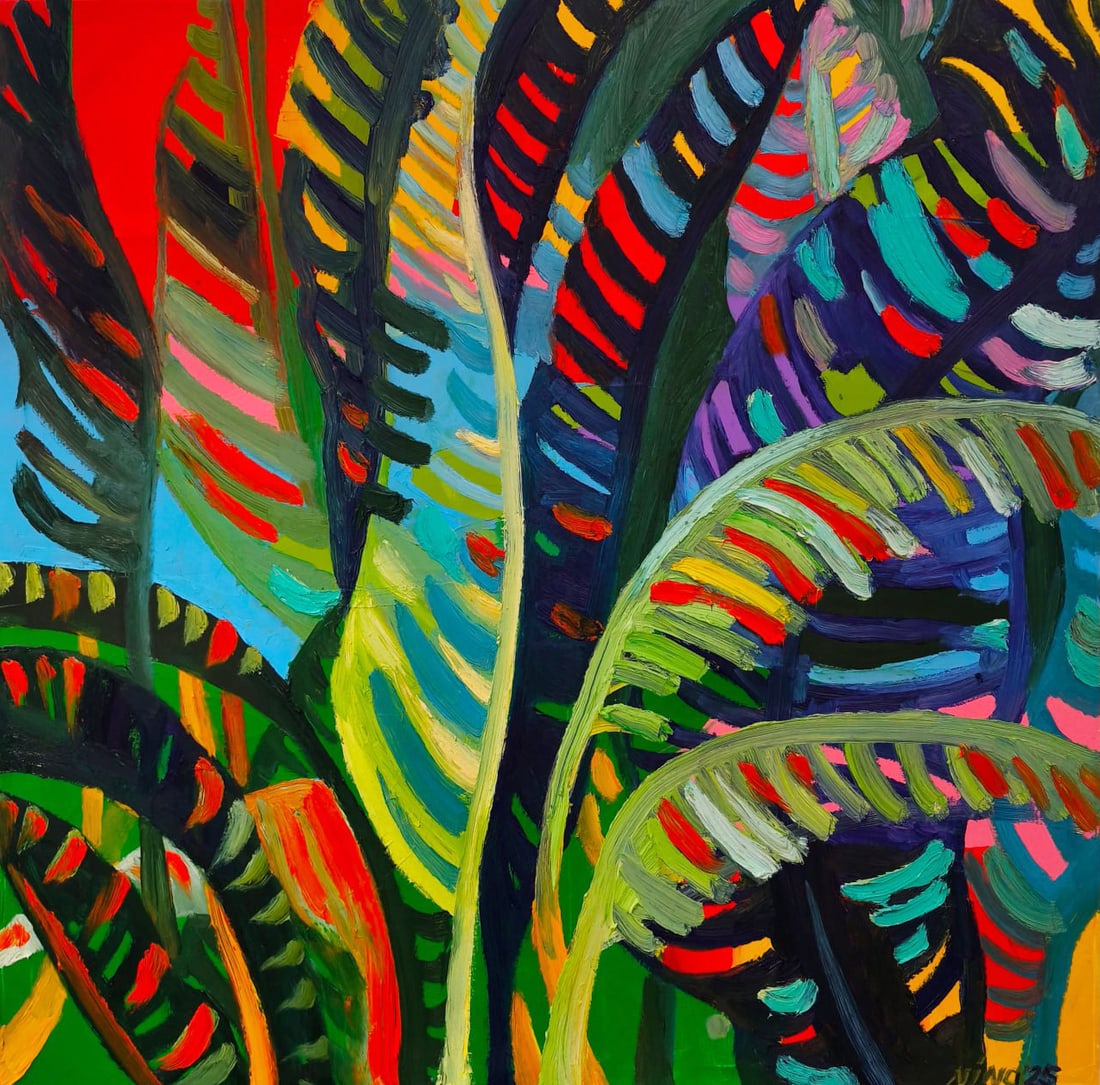 Oil painting Palm leaves Nina L: Title: Oil painting Palm leaves Nina L Description: 149Lt Painter: Nina L. Size: 100x100 cm/ 39.37x39.37 inches Components: oil, canvas Original painting CONDITION: exellent ERA: 2025 ARTIST: She was