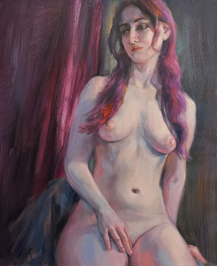 Oil painting Violet color mood Oksana Osnach: Title: Oil painting Violet color mood Oksana Osnach Description: Procach 139The Oil painting Canvas titled "Violet color mood" captures the intimate poetry of a woman's presence bathed in the subtle