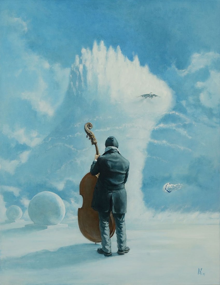 Oil painting Contabass on langeron Oleg Kateryniuk: Title: Oil painting Contabass on langeron Oleg Kateryniuk Description: NoKat 52The painting titled "Contrabass on Langeron" invites viewers into a surreal and dreamlike landscape that merges the