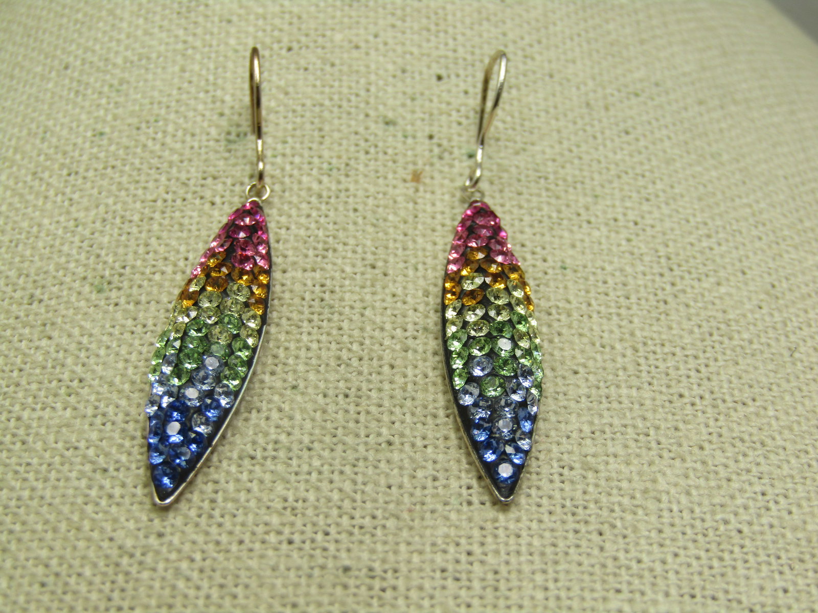 Sterling Rhinestone Drop Earrings, Pierced, Purple, Green, Yellow, Gold, Pink: Sterling Rhinestone Drop Earrings, Pierced, Purple, Green, Yellow, Gold, Pink, pointed design that is appx. 2" frmm curve in hook post and appx. 3/8" wide. Tested and test as sterling with a weight