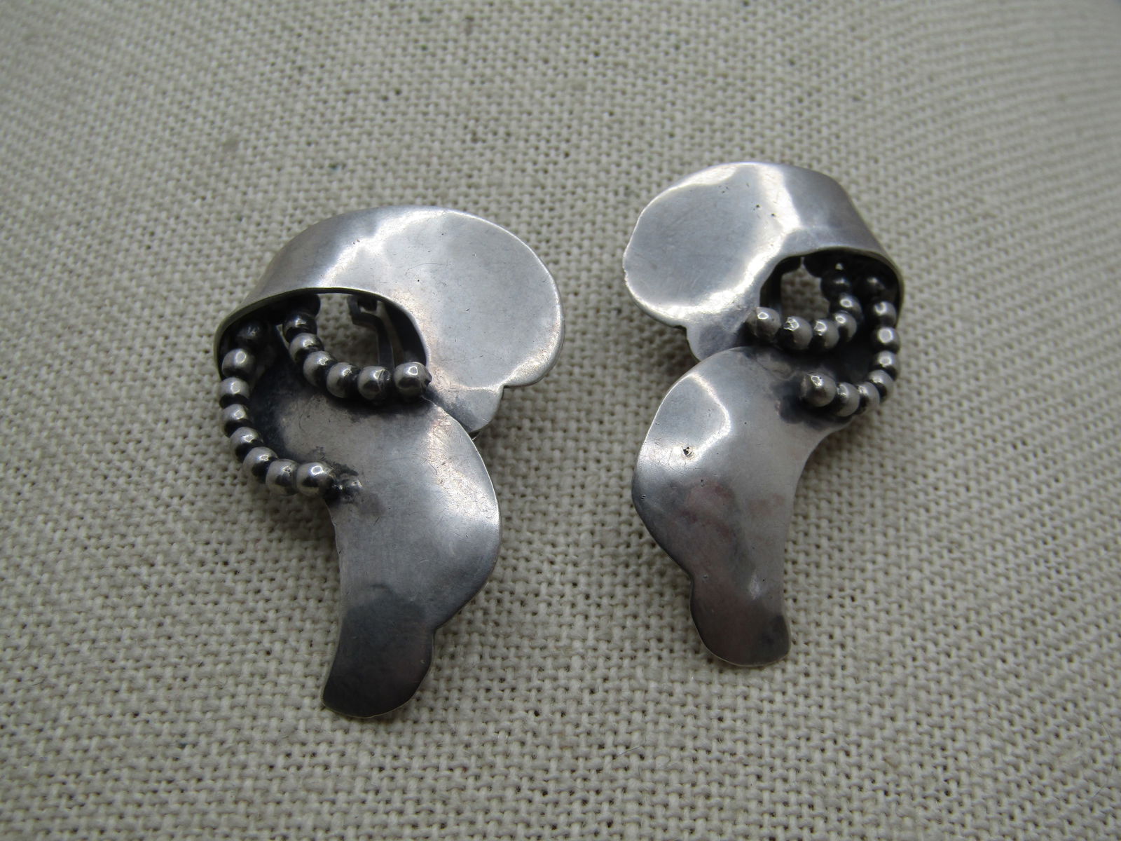 Vintage Sterling Modernist Hammered Earrings, Clip, Beaded Accents, 1960's-1970's (1 of 6)