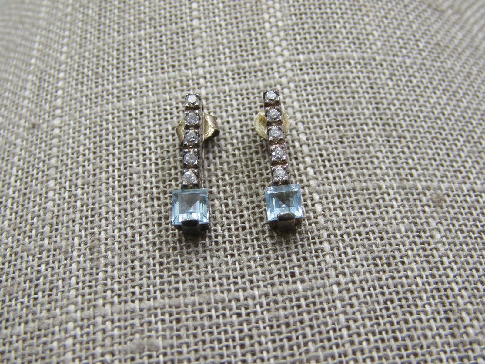 Vintage Sterling Silver Blue Topaz CZ Earrings, Pierced, Signed (1 of 5)