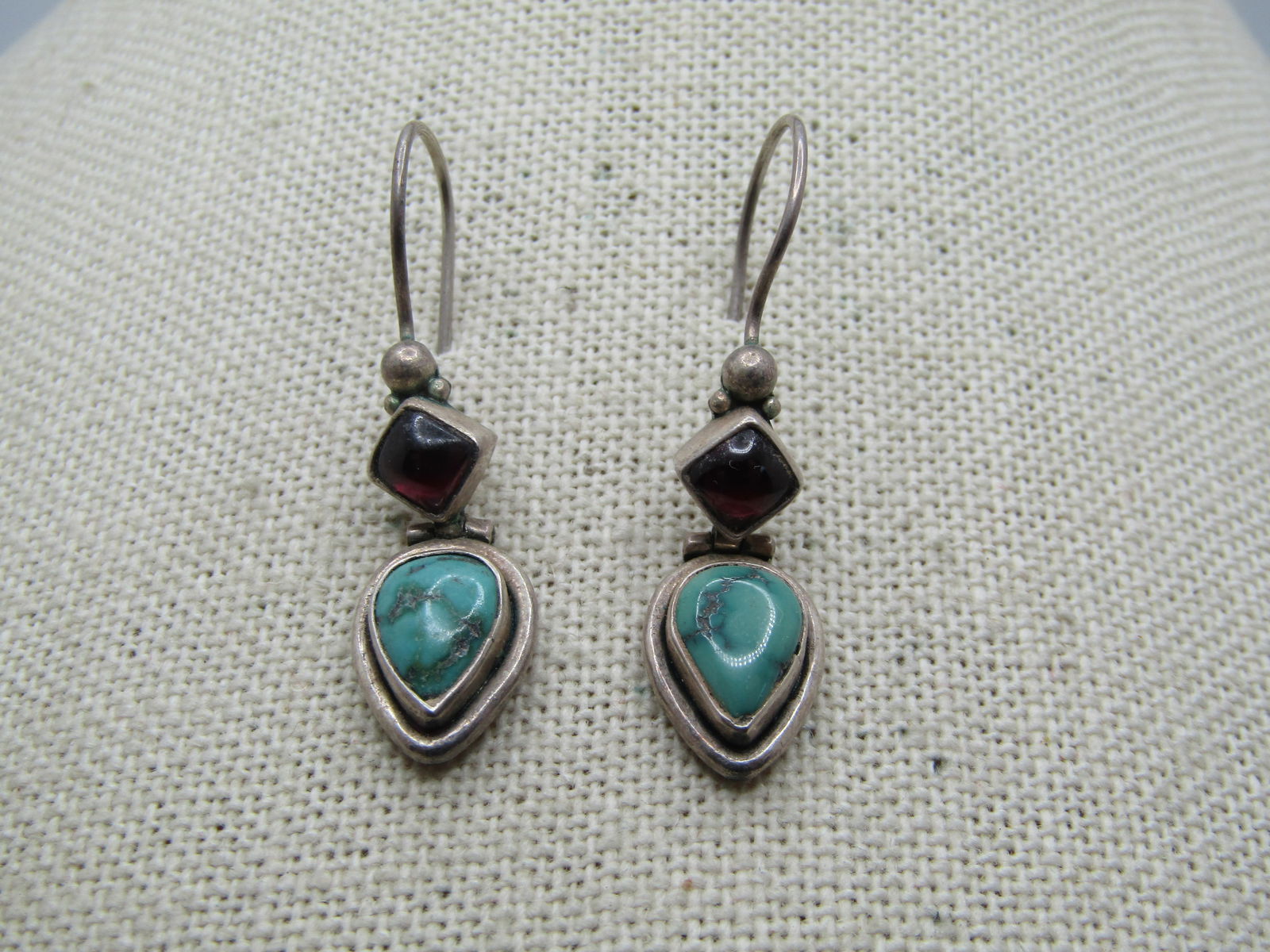 Vintage Sterling Southwestern Turquoise Amethyst Earrings, Pierced, 1980's-1990's: Vintage Sterling Southwestern Turquoise Amethyst Earrings, Pierced, 1980's-1990's. these are 1.5" from the curve in the hook post. They are marked .925 and tested. Test as sterling with a weight