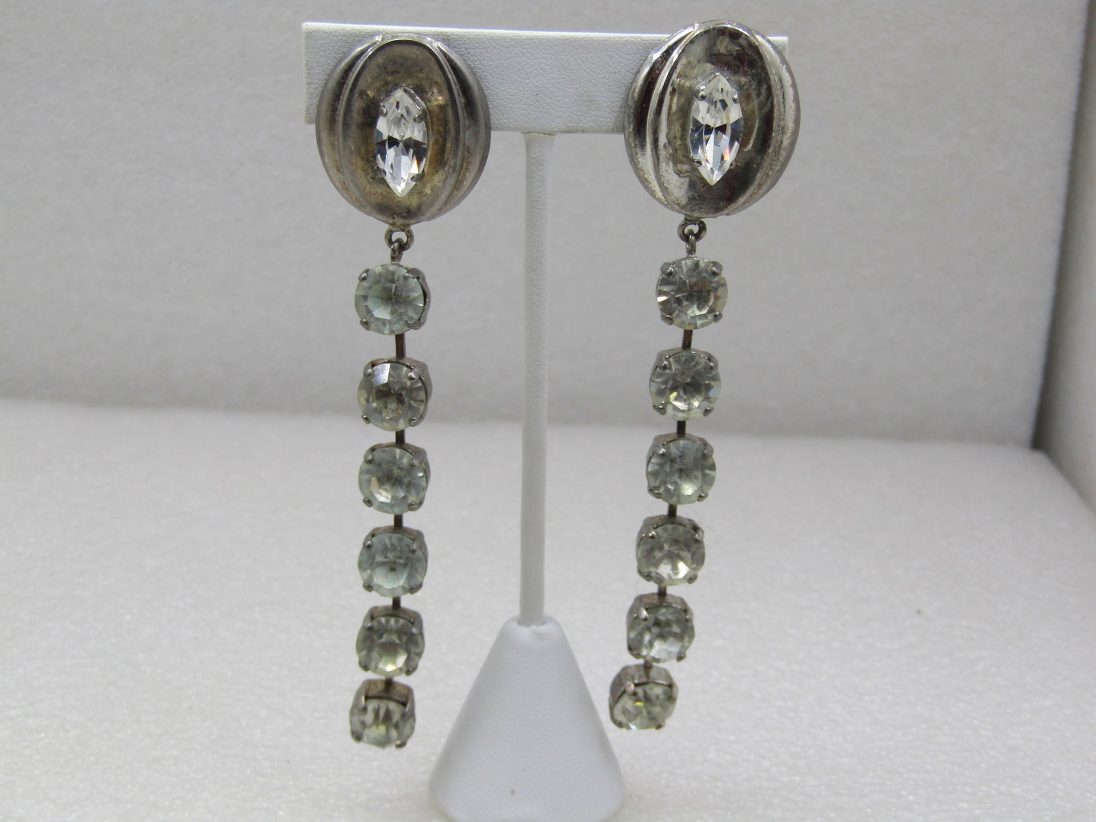 Vintage Art Deco Long Rhinestone Earrings, Clip, 1960's (1 of 6)