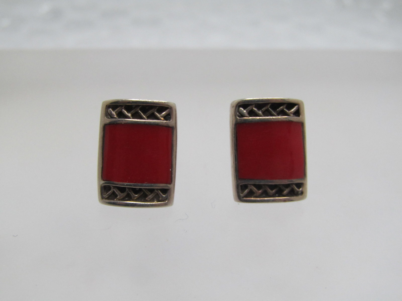 Vintage Sterling Red Enameled Earrings, Signed F, 1980's-1990's: Vintage Sterling Red Enameled Earrings, Signed F, 1980's-1990's. The F signature looks like the Carol Felley F. It is marked sterling and tested with a weight of 5.11 grams. The clutches are not inclu