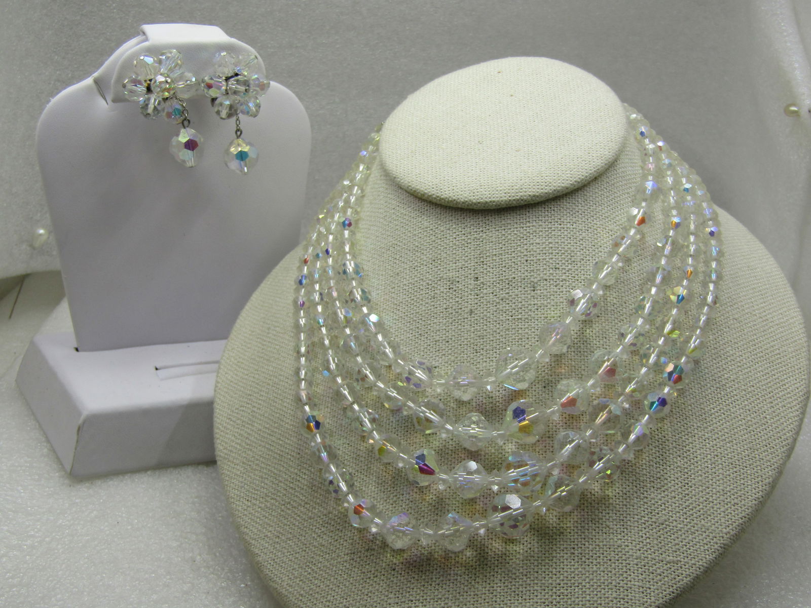 Vintage Four Strand Clear Crystal Necklce & Clip Earring Set, Aurora Borealis, 16", 1940's-1950's (1 of 6)