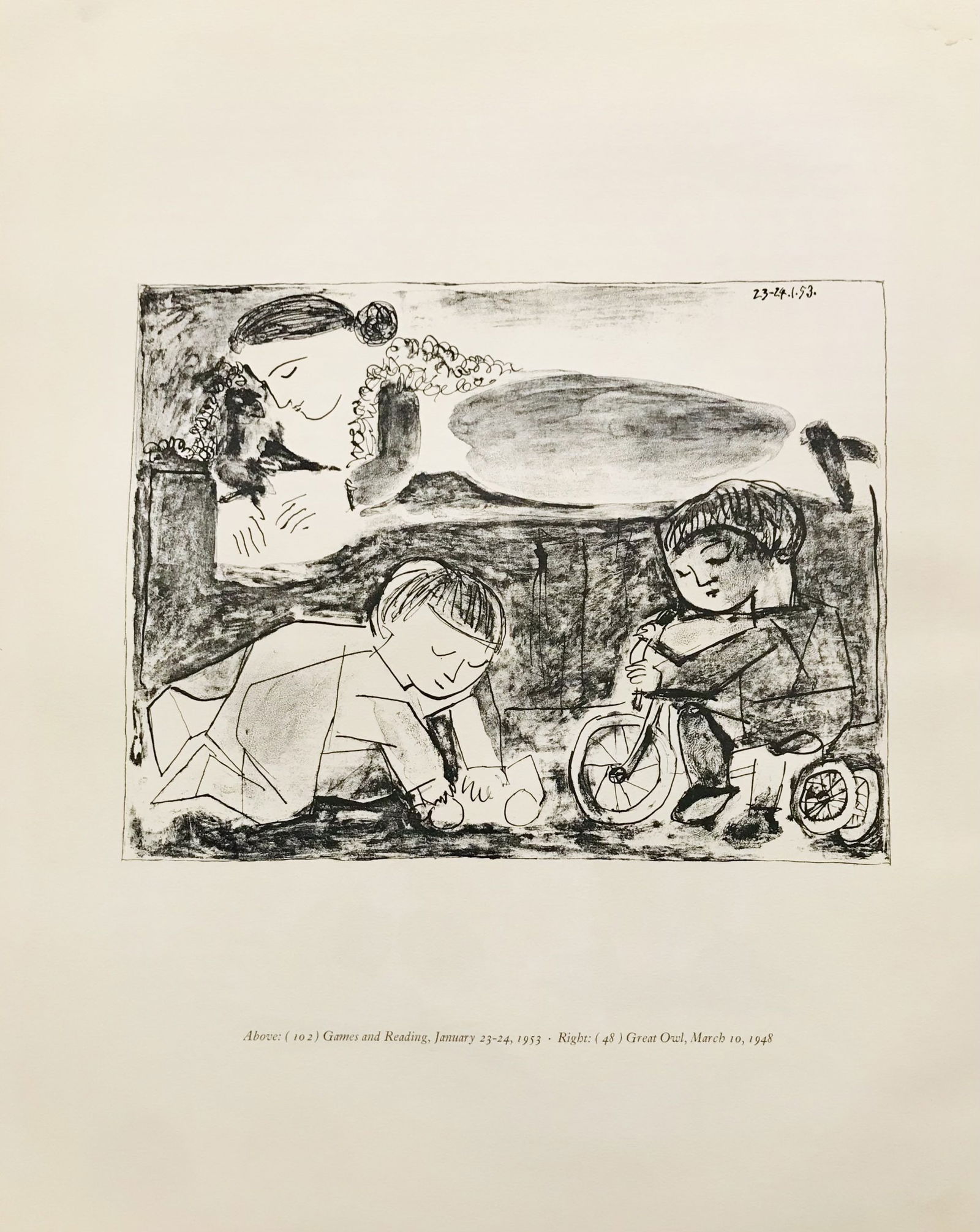 1959 Picasso lithograph Games and Reading: Title: 1959 Picasso lithograph Games and Reading Description: Artist: Pablo Picasso Country: Spain Title: Games and Reading Medium: Lithograph Paper Size: 17 x 14 inch Published: 1959 by Cincinnati