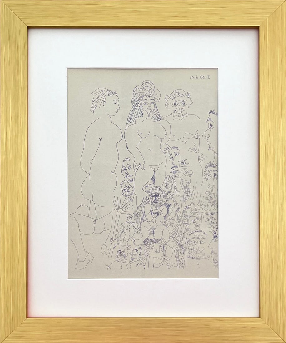Picasso Gravure Erotic 1 dated 3/9/1968 framed: Title: Picasso Gravure Erotic 1 dated 3/9/1968 framed Description: Title: Untitled Erotic 1 Artist: Pablo Picasso Country: Spain Medium:? Lithograph Marks: Not signed, not numbered Paper Size: 11 x 11