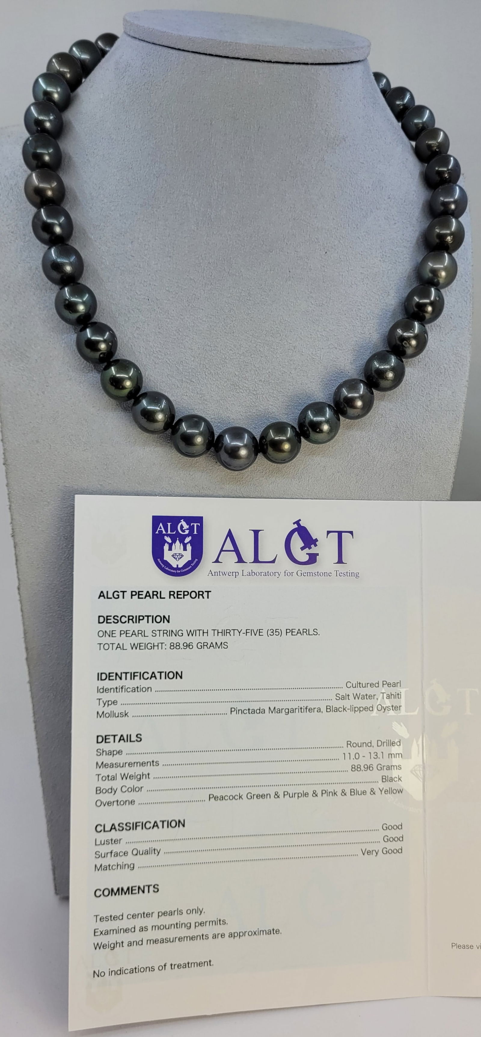 Necklace, ALGT Certified Tahiti Pearls - 11.0x13.1mm - 10