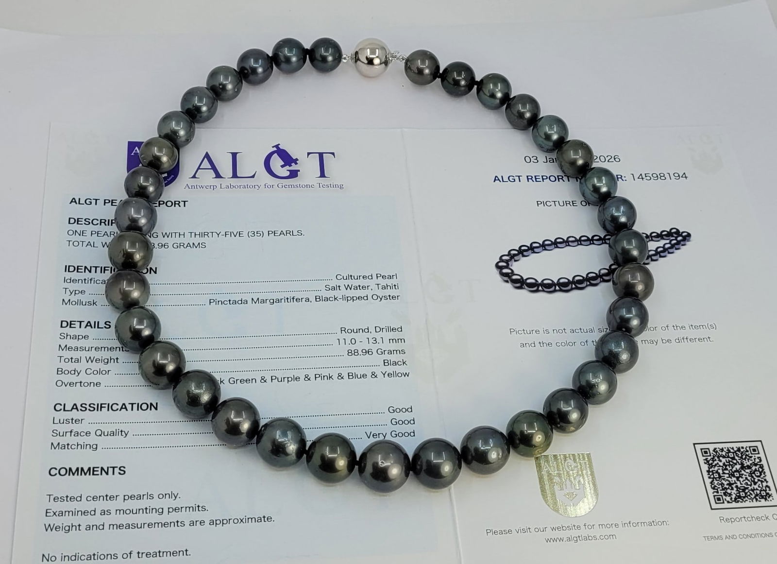 Necklace, ALGT Certified Tahiti Pearls - 11.0x13.1mm - 12