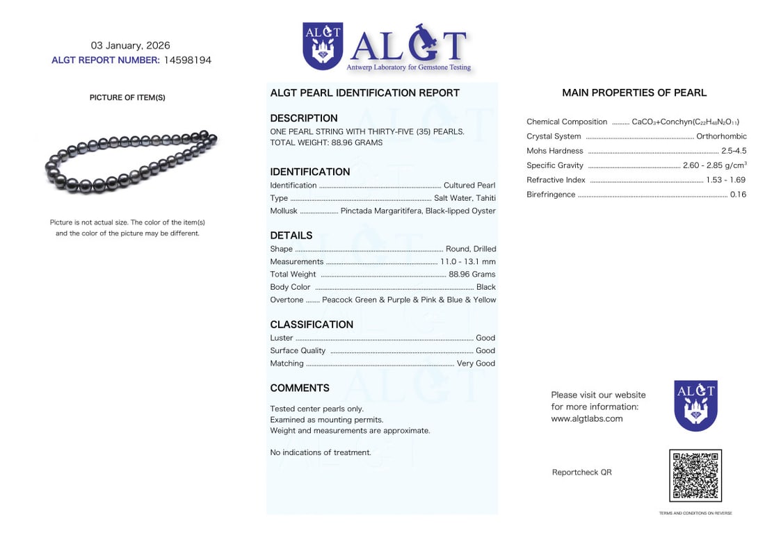 Necklace, ALGT Certified Tahiti Pearls - 11.0x13.1mm - 4