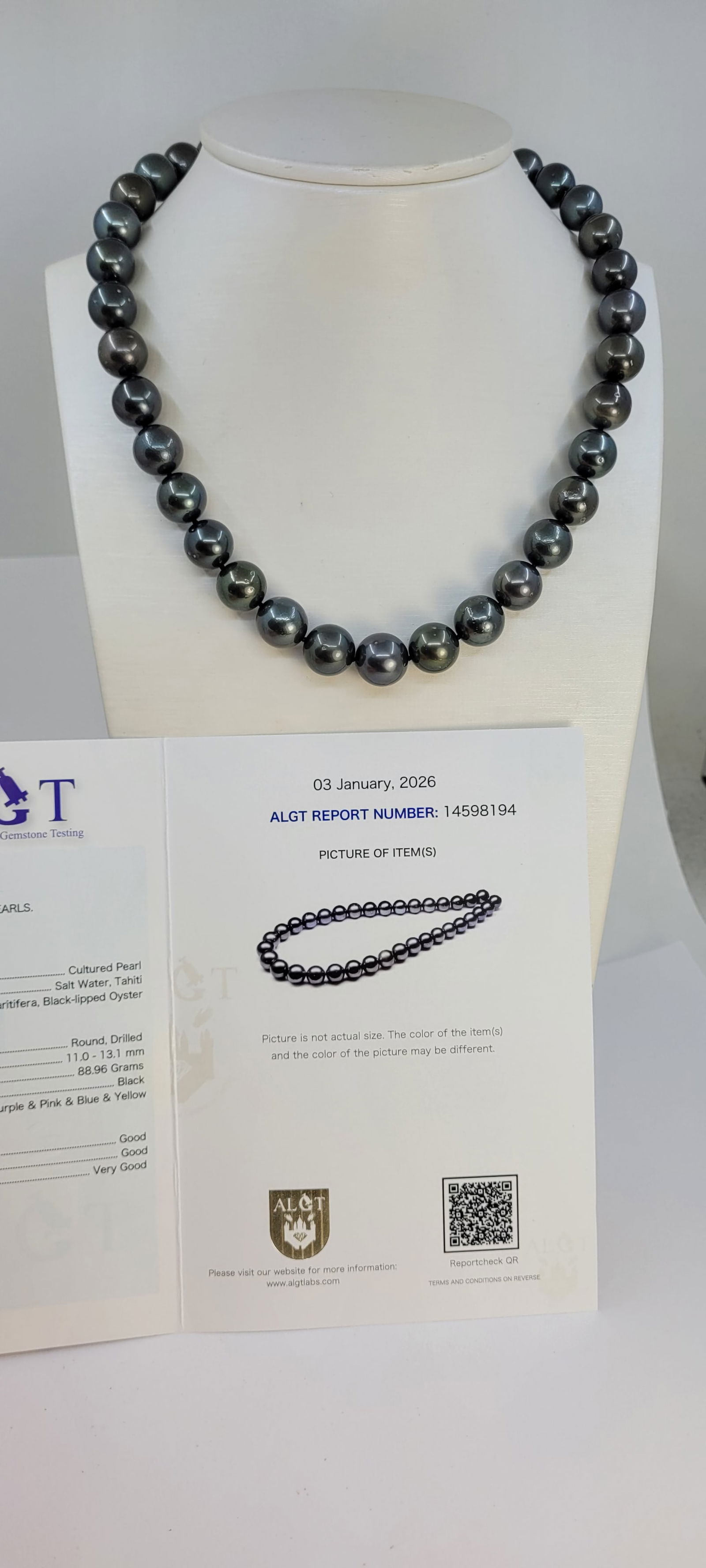 Necklace, ALGT Certified Tahiti Pearls - 11.0x13.1mm - 7