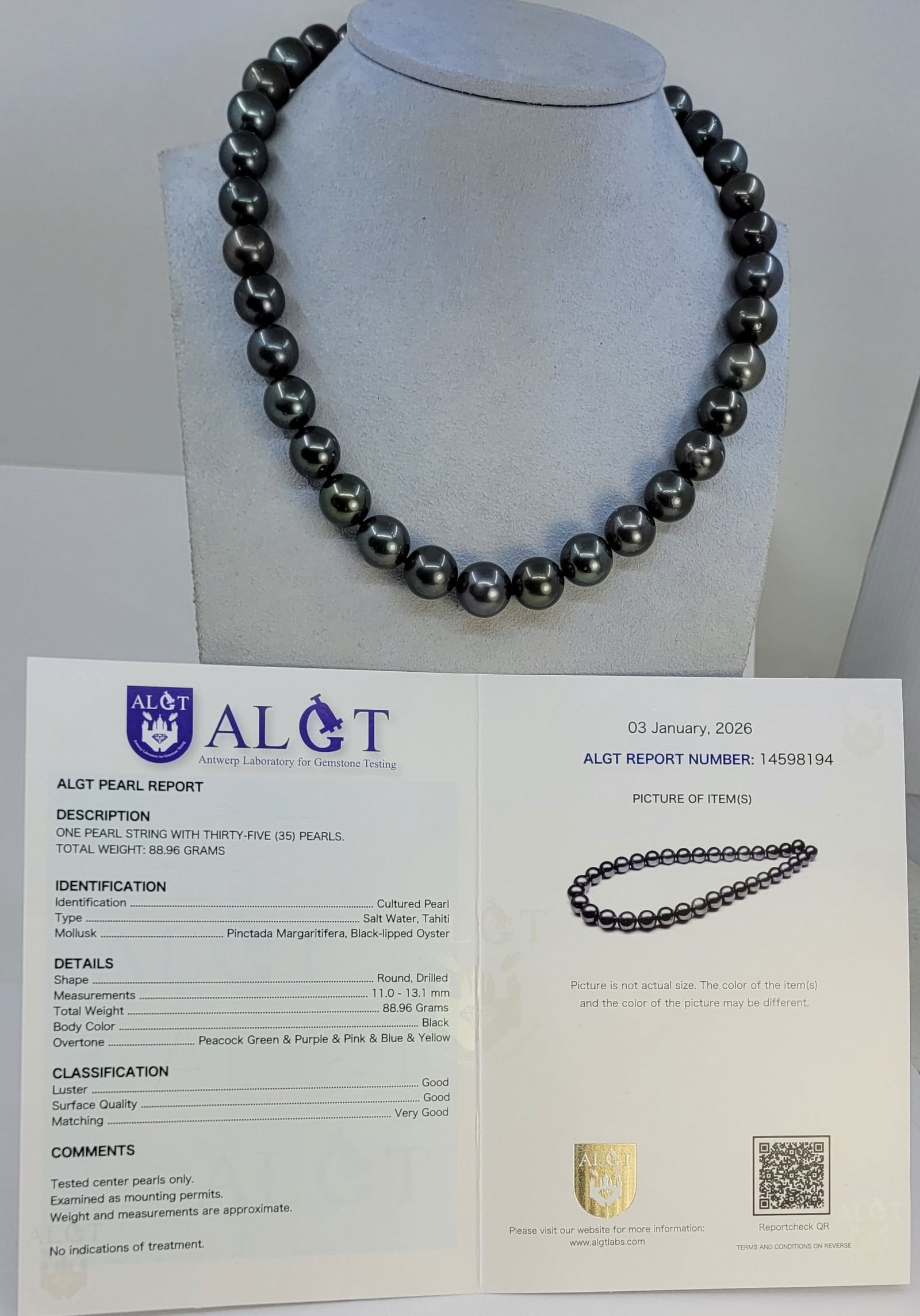 Necklace, ALGT Certified Tahiti Pearls - 11.0x13.1mm - 9