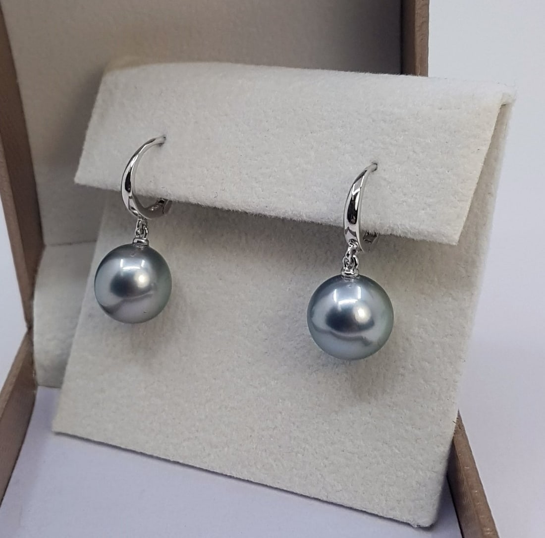 10x11mm Silvery Tahitian Pearl Drops - Earrings - 14 kt. White gold - 3