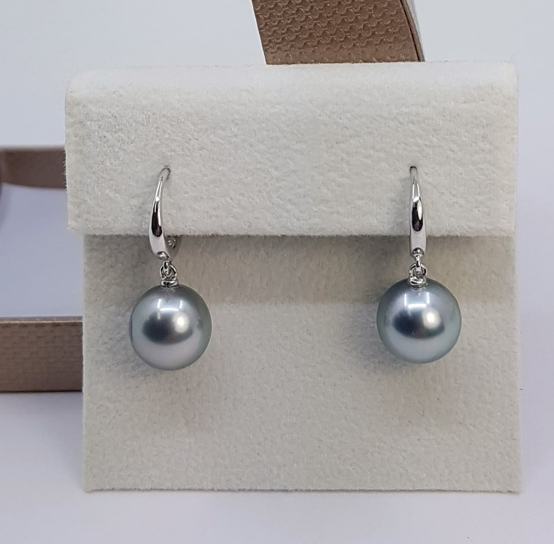10x11mm Silvery Tahitian Pearl Drops - Earrings - 14 kt. White gold - 4