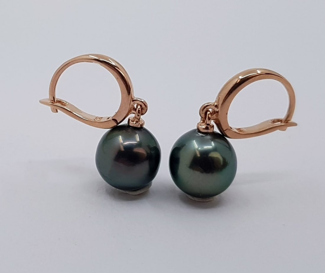 14 kt. Pink gold - Earrings - 9mm Peacock Tahitian Pearl Drops - 4