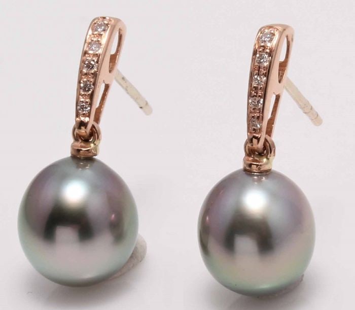 14 kt. Rose Gold - 9x10mm Peacock Tahitian Pearl Drops - Earrings - 0.08 ct - 2