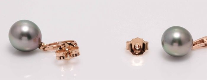 14 kt. Rose Gold - 9x10mm Peacock Tahitian Pearl Drops - Earrings - 0.08 ct - 5