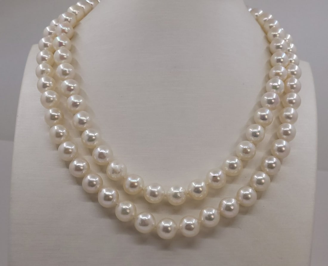 Necklace - 9x9.5mm Double Akoya Pearl: Title: Necklace - 9x9.5mm Double Akoya Pearl Description: A beautiful double pearl necklace of white saltwater Akoya pearls with exceptional lustre, finished with a 925 sterling silver clasp. This cla