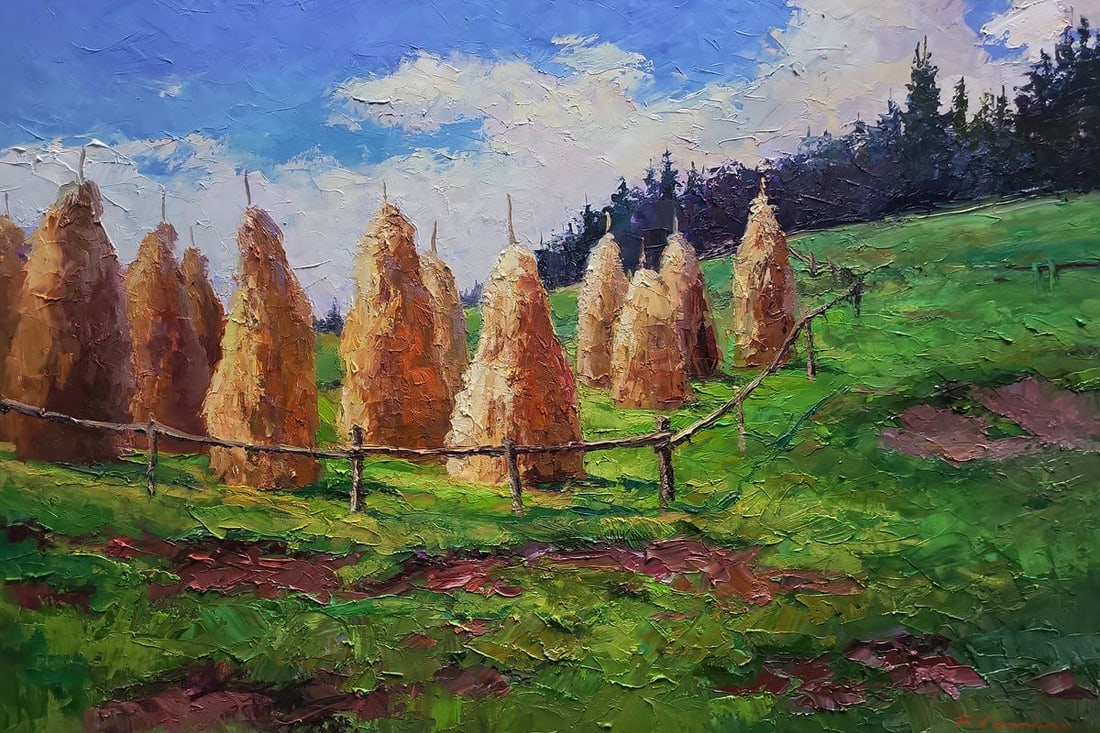 Oil painting Haystacks in the mountains Boris Serdyuk: Title: Oil painting Haystacks in the mountains Boris Serdyuk Description: №SERB 1230The Oil painting Canvas titled “Haystacks in the mountains” captures the rustic beauty and timeles