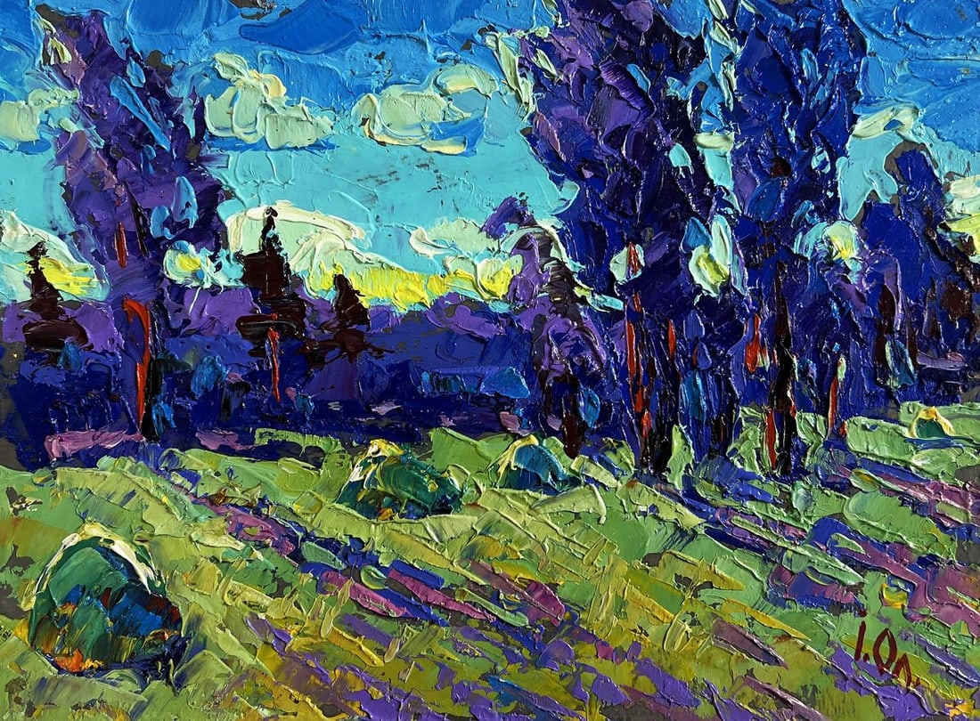 Oil painting Evening breeze in the field Alex Kalenyuk: Title: Oil painting Evening breeze in the field Alex Kalenyuk Description: №AAA4703The oil painting on cardboard titled "Evening Breeze in the Field" captures the tranquil and mysterious atmosph