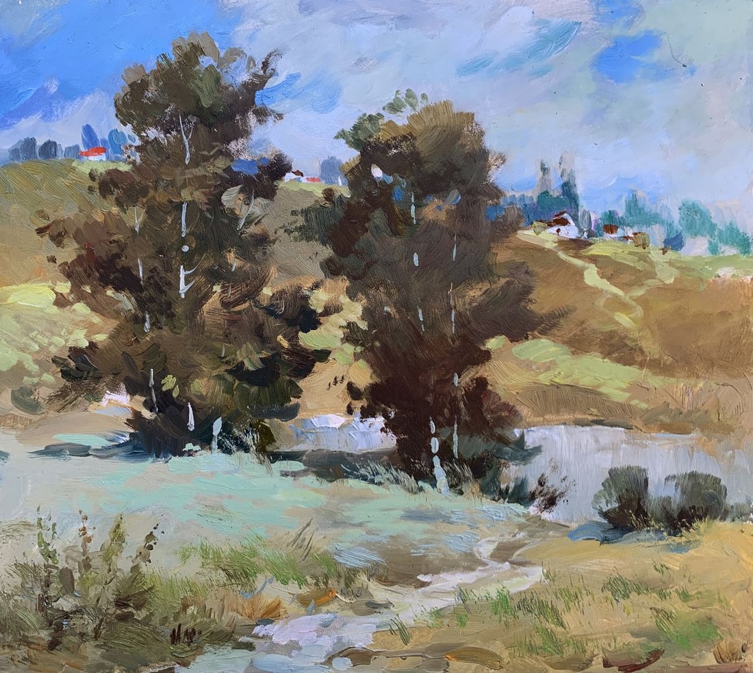 Oil painting Village pond Yuriy Suprunchuk: Title: Oil painting Village pond Yuriy Suprunchuk Description: №AAA3647The painting "Village Pond" offers a serene and picturesque glimpse into the calm beauty of rural life. Rendered in oil on