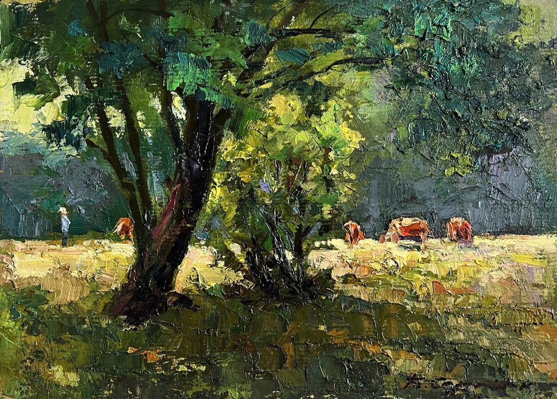 Oil painting Walking the cows Boris Serdyuk: Title: Oil painting Walking the cows Boris Serdyuk Description: №AAA3771This oil painting cardboard, titled "Walking the cows", the composition is carefully structured, leading the viewer’