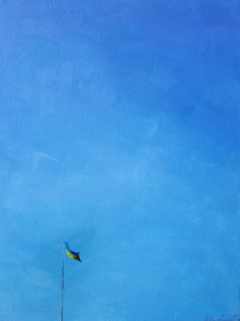 Oil painting Flag Varvarov Anatoly Viktorovich: Title: Oil painting Flag Varvarov Anatoly Viktorovich Description: №Varv 186This oil painting, titled "Flag," presents a minimalist but striking image. Dominated by a vast expanse of serene blue