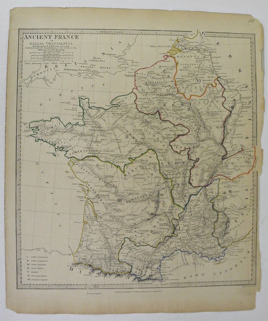 Ancient France Or Gallia Transalpina: Publication Date:-24988 Title:Ancient France Or Gallia Transalpina,li>Cartographer:KEY, T. HEWETT/J. & C. WALKER Publisher:Baldwin & Cradock/S.D.U.K. Brief Description:by T. Hewett Key M.A. Prof. Lati