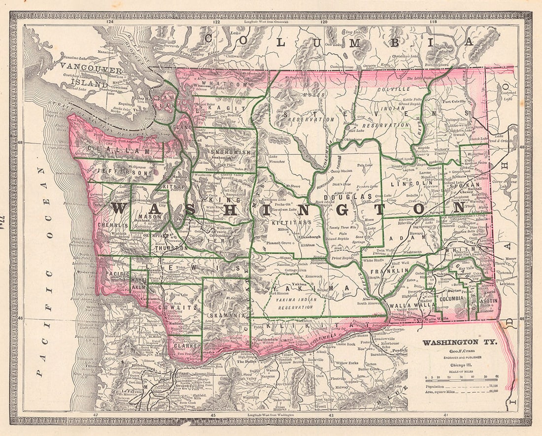 Washington, Ty.: Publication Date:1885 Title:Washington, Ty.,li>Cartographer:CRAM, GEORGE F. Publisher:GEO. F. CRAM Brief Description:Shows very large eastern counties and districts, Stevens, Kittitass, Douglas, Linco