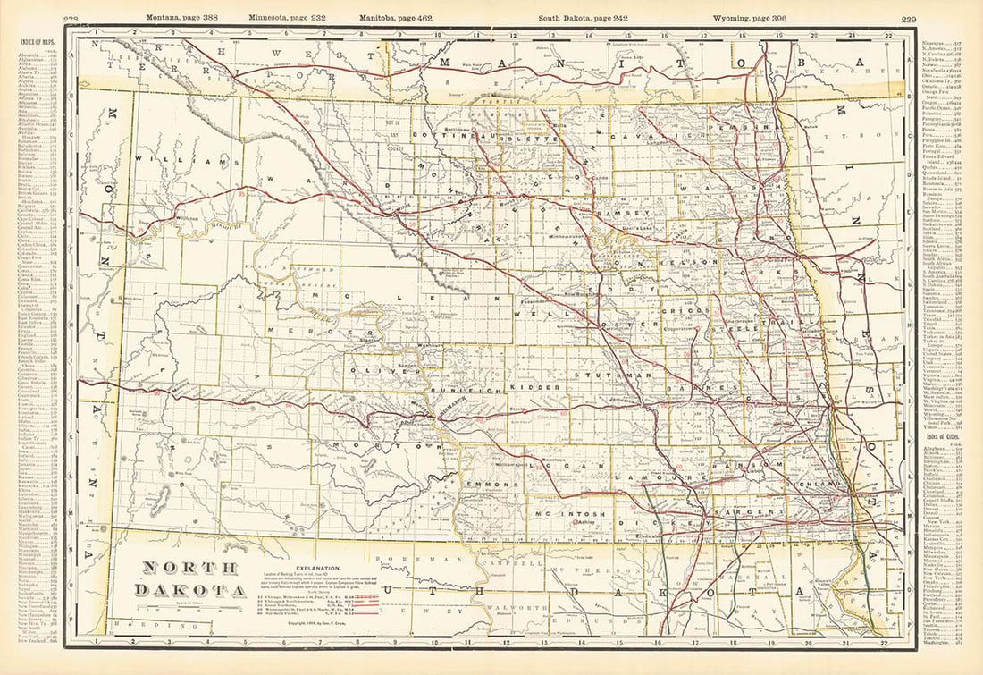 North Dakota: Publication Date:1899 Title:North Dakota,li>Cartographer:CRAM, GEORGE F. Publisher:GEO. F. CRAM Brief Description:Detailed map with railroads. Gazetteer data on reverse. From Cram's Standard American