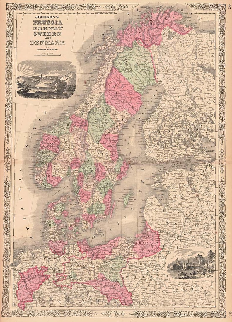 Johnson's Prussia Norway Sweden and Denmark: Publication Date:1864 Title:Johnson's Prussia Norway Sweden and Denmark,li>Cartographer:JOHNSON, ALVIN JEWETT Publisher:JOHNSON AND WARD Brief Description:Vignette views of Stockholm and Cologne. Orna
