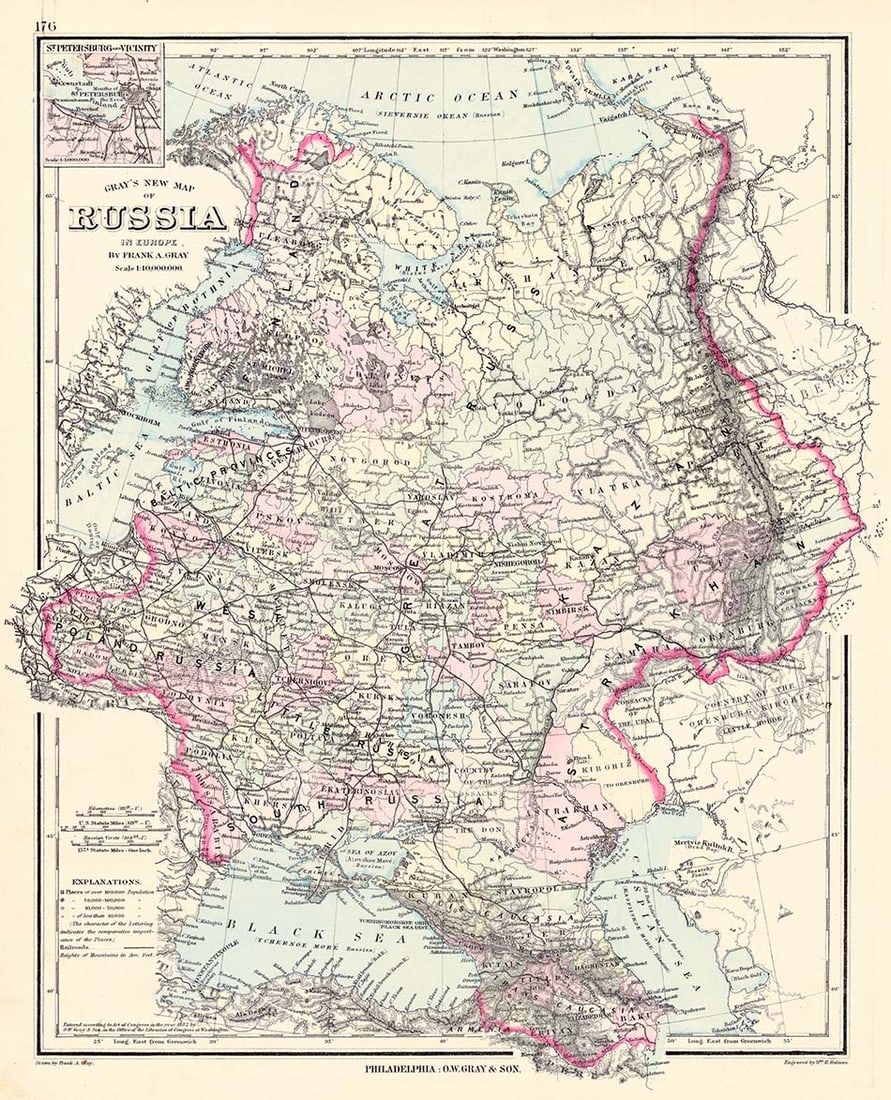 Gray's New Map of Russia in Europe: Publication Date:1882Title:Gray's New Map of Russia in Europe,li>Cartographer:GRAY, FRANK A.Publisher:O.W. GRAY & SONBrief Description:"by Frank A. Gray..." Engraved by W.H. Holmes. Without