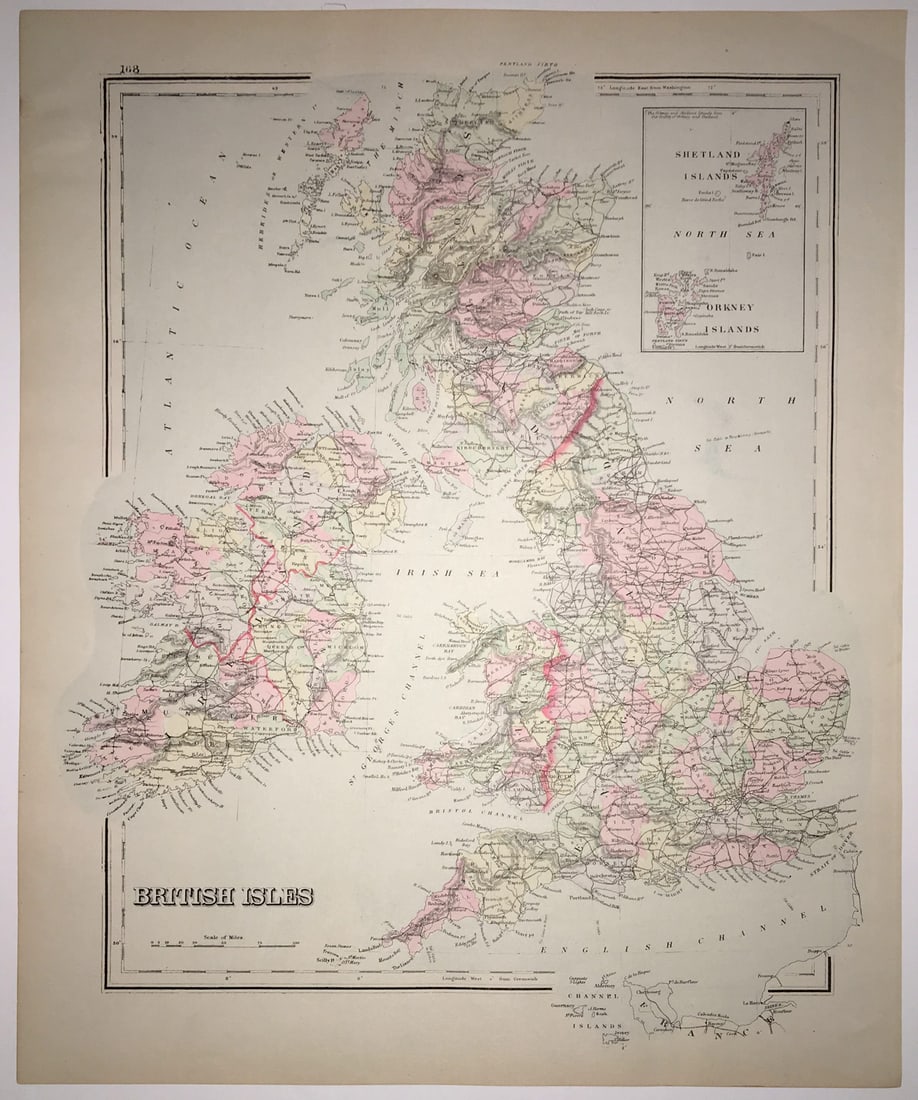 British Isles: Publication Date:1877 Title:British Isles,li>Cartographer:GRAY, FRANK A. Publisher:O.W. GRAY & SON Brief Description:Europe on obverse. Inset of Shetland and Orkney Islands. No ornamental border. 168.