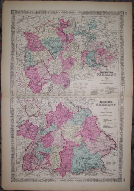 Johnson's Germany No.2, 3: Publication Date:1864Title:Johnson's Germany No.2, 3,li>Cartographer:COLTON, JOSEPH HUTCHINSPublisher:JOHNSON AND WARDBrief Description:Two maps on conjugate sheet. Ornamental border. 85-86. 