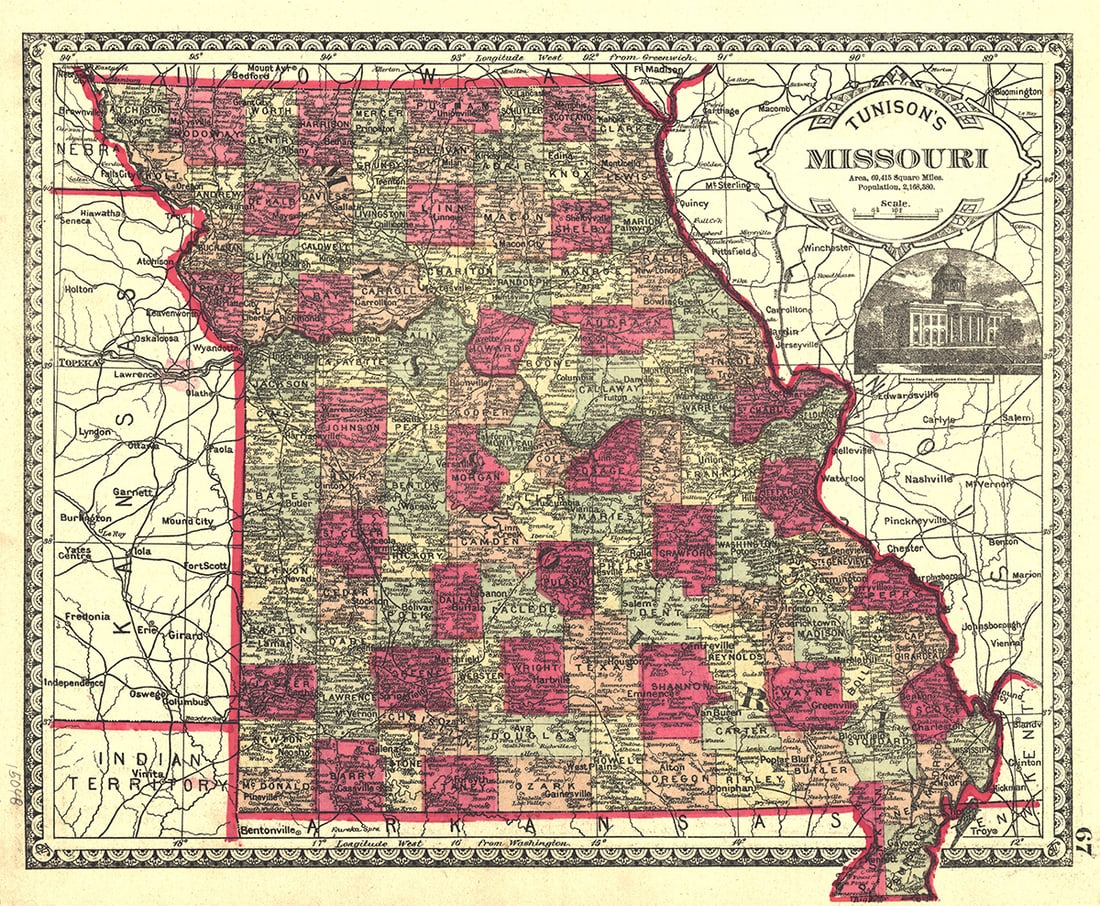 Tunison's Missouri: Publication Date:1885Title:Tunison's Missouri,li>Cartographer:TUNISON, HENRY CUTHBERTPublisher:H.C. TUNISONBrief Description:On reverse, map of Kansas. Very detailed. Lightly