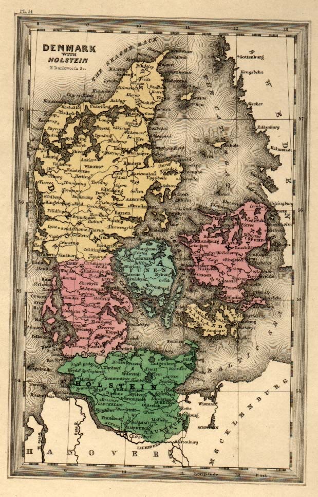 Denmark With Holstein: Publication Date:1832Title:Denmark With Holstein,li>Cartographer:DANKWORTH, E.Publisher:CAREY & LEABrief Description:Polar projection. Plate 51 from Carey & Lea's "Family Cabinet atlas. First