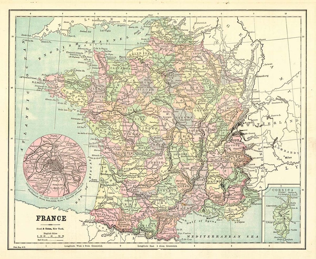 France: Publication Date:c1893Title:France,li>Cartographer:FISK engr.Publisher:HUNT & EATONBrief Description:Text on reverse. From The Columbian Atlas of the world we live in. Round inset of vicinity of
