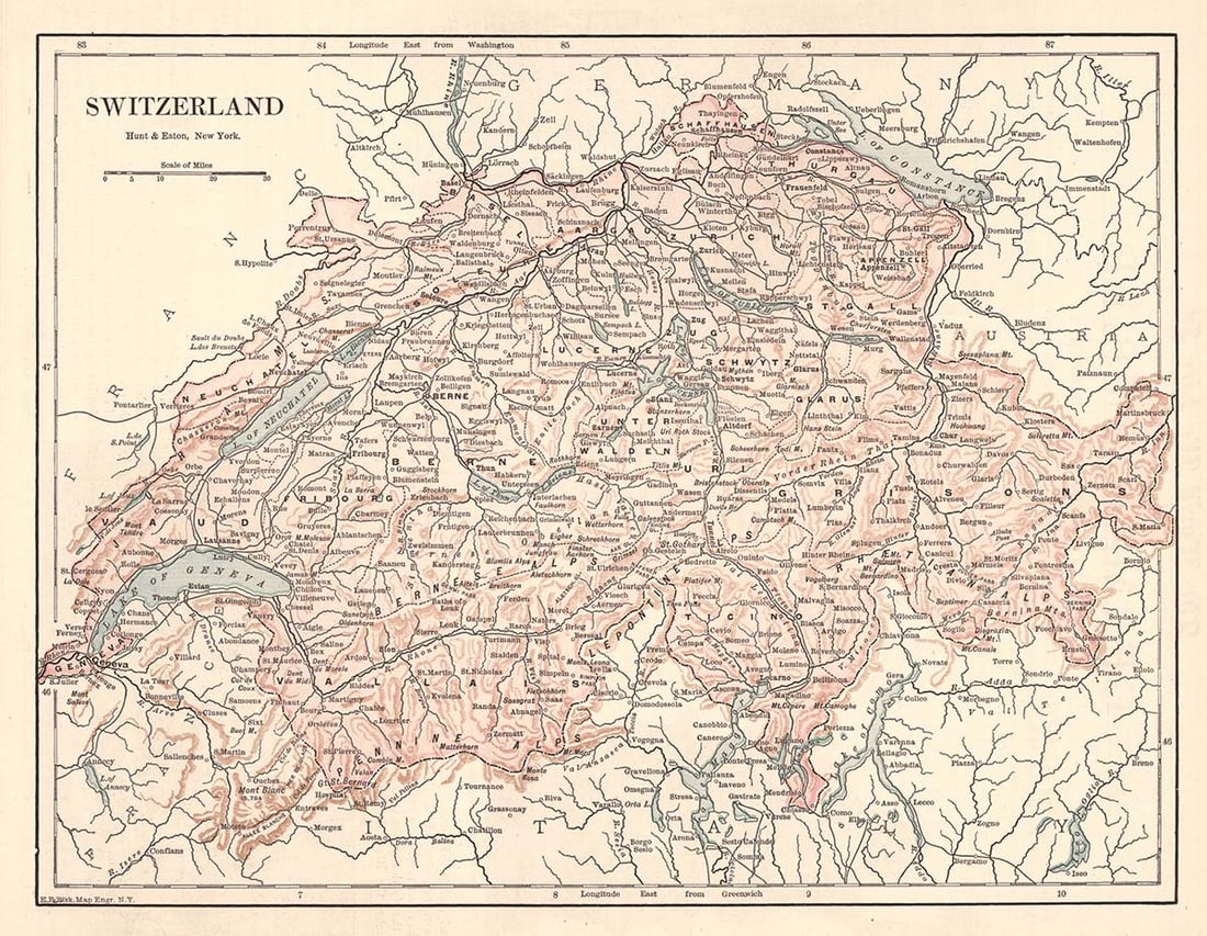 Switzerland: Publication Date:c1893Title:Switzerland,li>Cartographer:FISK, E. F.Publisher:HUNT & EATONBrief Description:Text on reverse. From The Columbian Atlas of the world we live in. Margins trimmed. Dry