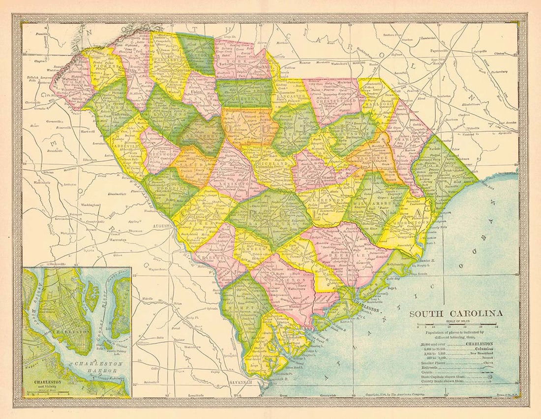 South Carolina: Publication Date:1904Title:South Carolina,li>Cartographer:BORMAY & CO.Publisher:THE AMERICANA COMPANYBrief Description:From Encyclopedia Americana 1904. Detailed. Charleston vicinity in